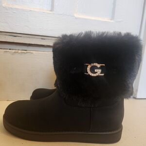 G by Guess Black Faux Fur Winter Boots with Crystal G Logo